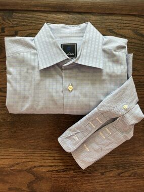David Donahue Light Blue and White Plaid Dress Shirt